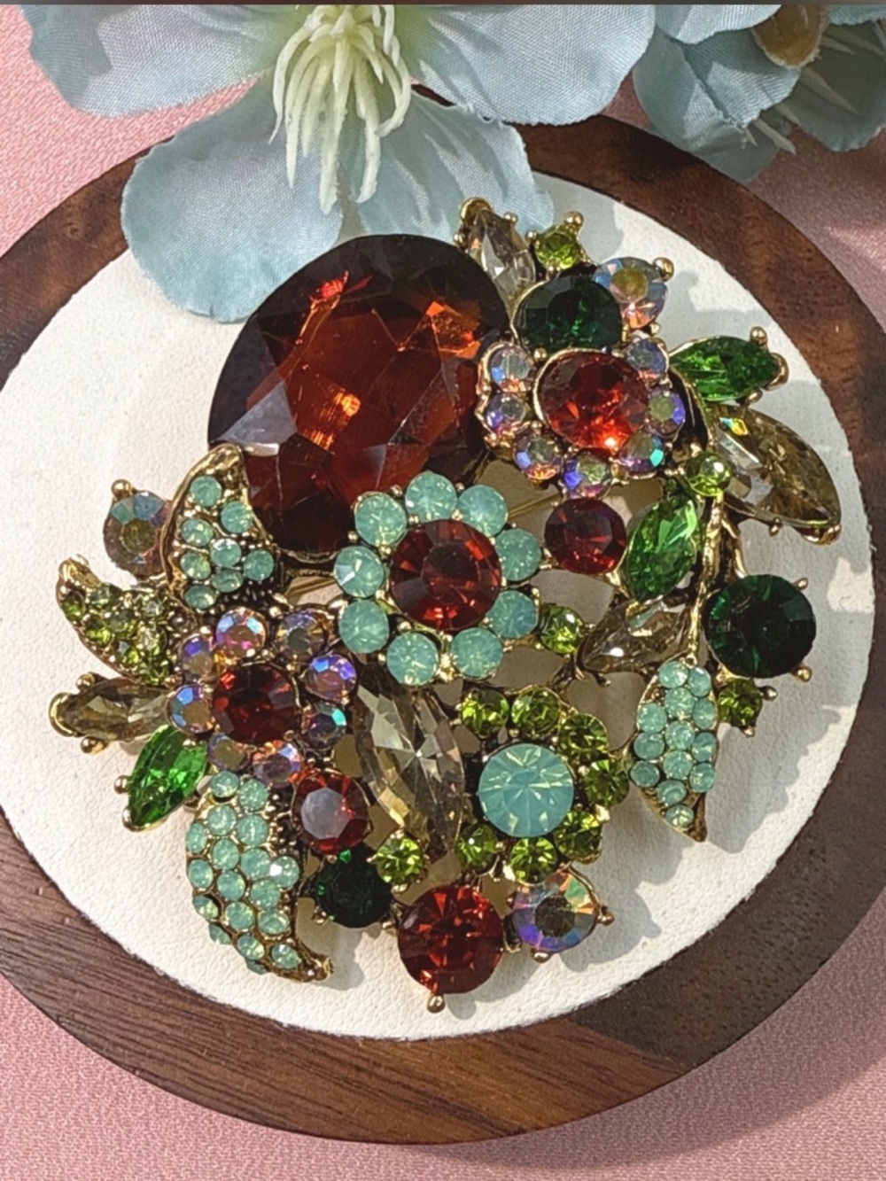 2.24” x 2.75 Gold-Tone Multicolor Crystal Floral Brooch - Green, Teal & Amber